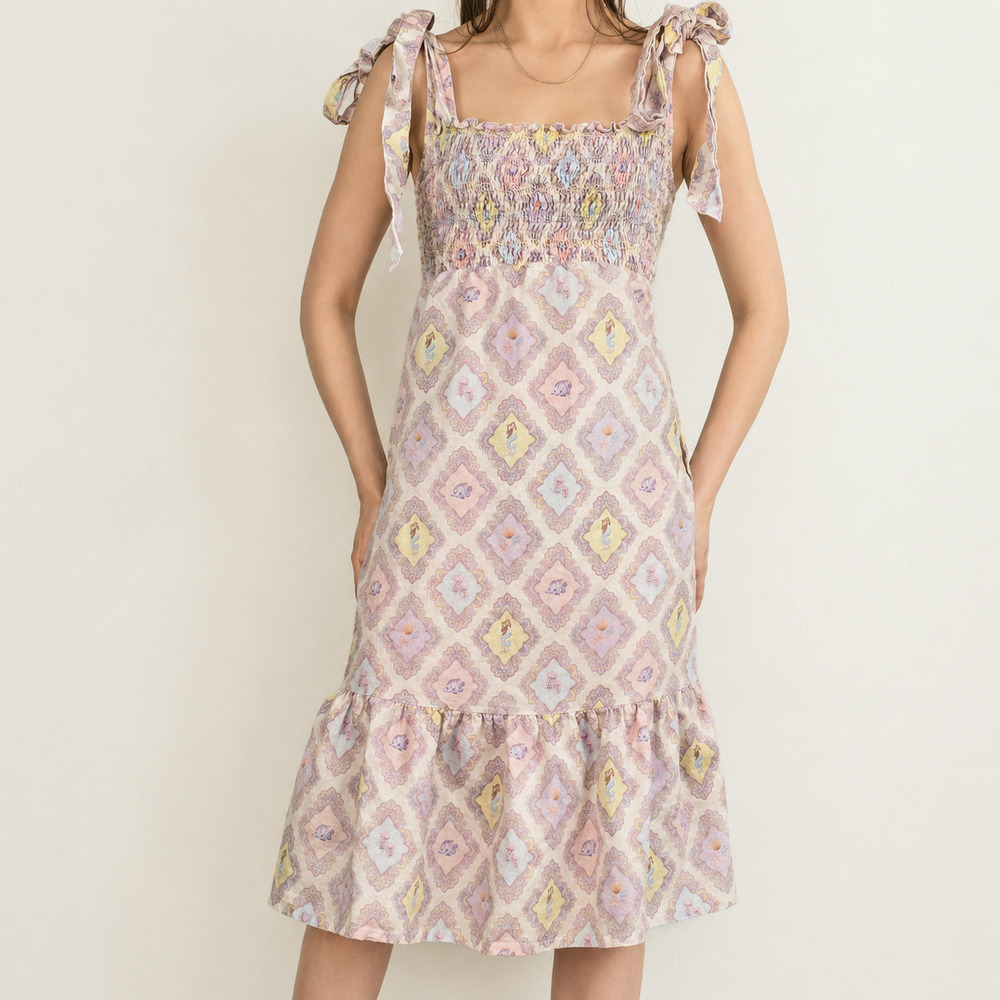 Dondolo Linen Blend Tie Strap Midi Dress Mermaid Coastal Cottagecore XXS